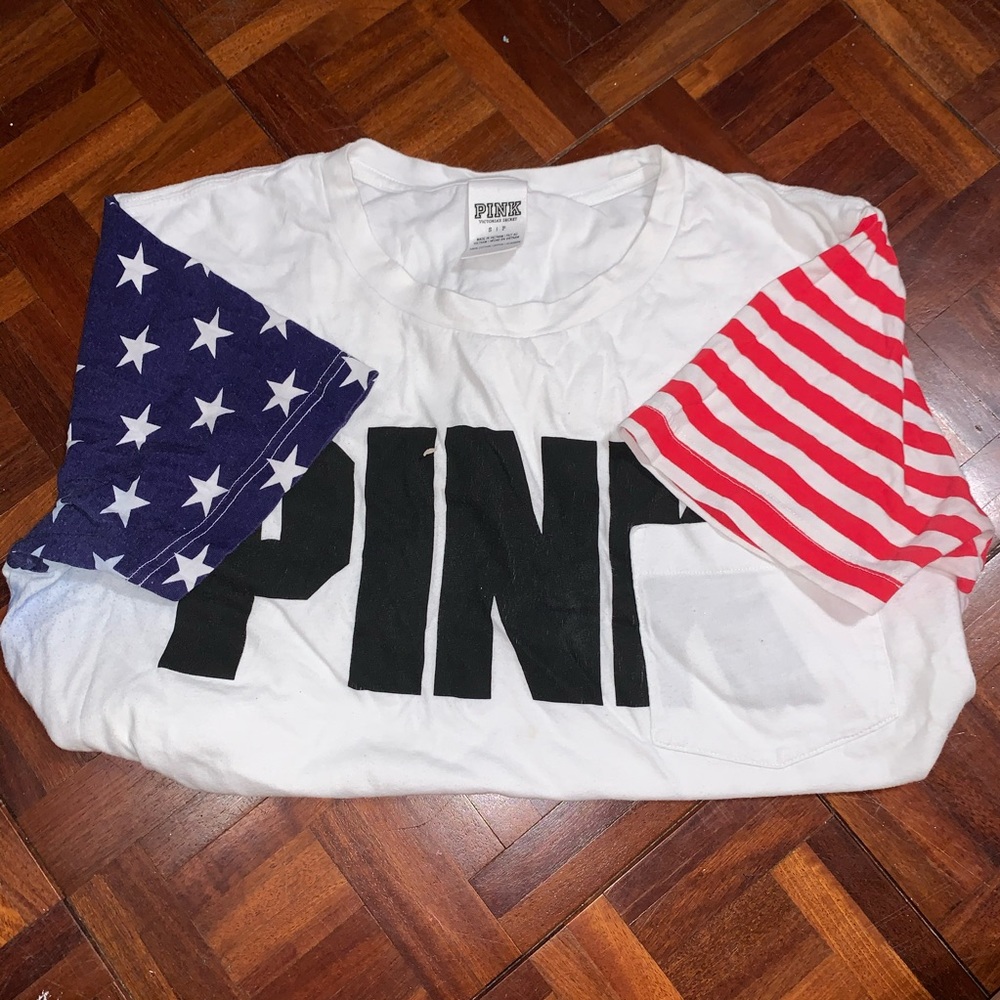 PINK T-Shirt American Flag on Sleeves